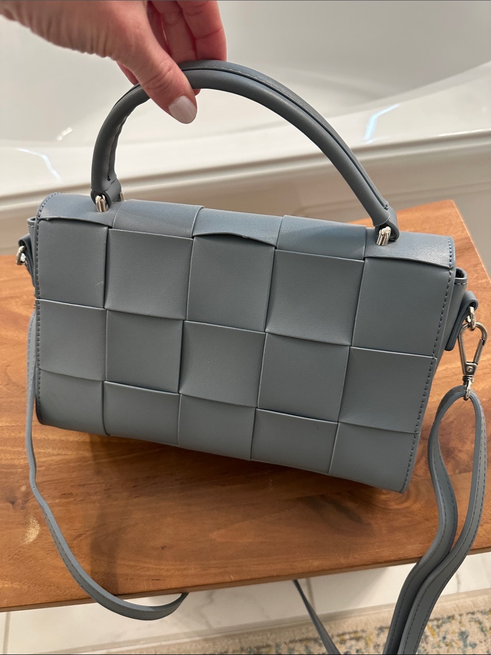 Woven Panel Light Blue Women's Top-Handle Bag